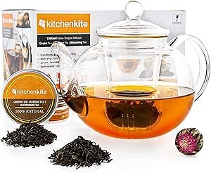 Clear Glass Teapot with Removable Glass Infuser and Lid - Glass Tea Kettle with Blooming, Loose Leaf Tea, Stovetop, Microwave & Dishwasher Safe, Tea Maker Gift Set (Holds 4-6 cups)