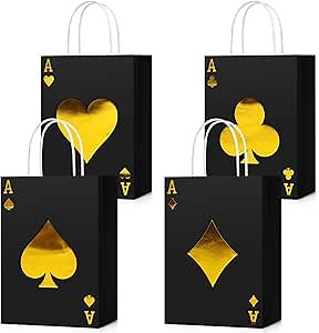 Trandraft 16 Pcs Casino Party Favor Gift Bags with Handles Casino Theme Party Supplies 8.3 x 5.9 x 3.2 Poker Goody Treat Paper Bags for Birthday Party Decor(Gold Style)