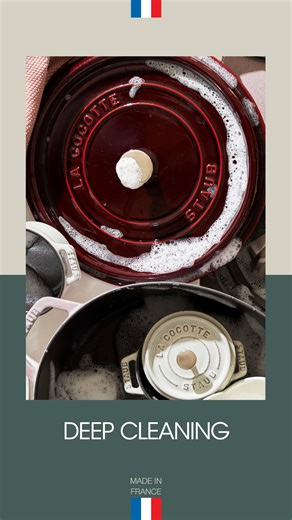 Staub USA on Instagram: "Don’t stress, cleaning stubborn food residue on your STAUBs is easy to do with things you already have in your kitchen. 🧼 How to Easily Clean Stubborn Food Residue on STAUB Enameled Cast Iron: 1) Ensure the pan has cooled completely, then run water over it in the sink. 2) Sprinkle on baking soda or Bar Keepers Friend. 3) Use a damp cloth or soft sponge to scrub the powder over the STAUB. This is fine on both the interior and the exterior. 4) Once the residue has been cl