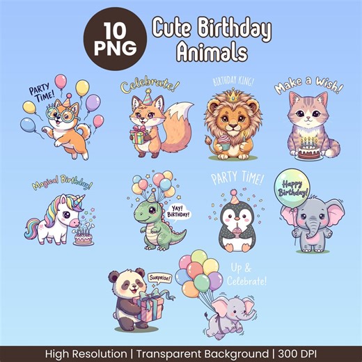 Cute Birthday Animals PNG Bundle | Birthday Clipart Animals | Kids Birthday Png | Party Animal Clipart | 10 PNG 300 DPI - Etsy