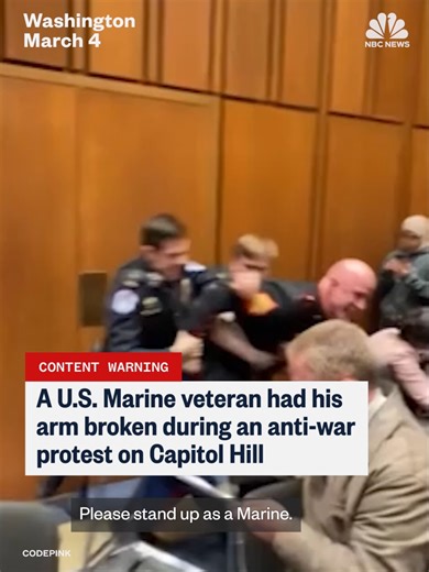 A U.S. Marine veteran had his arm broken as Capitol Police, joined by Senator Tim Sheehy, forcibly removed him from a hearing for protesting the war in Iran.