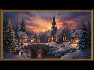 4K Christmas Village Screensaver - Winter Wonderland Snow Scene Church, Lights | Gold Vintage Frame