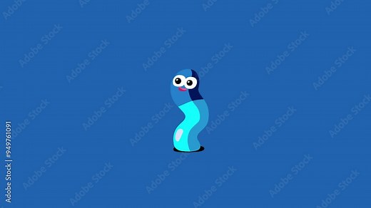 Blue worm cartoon animation isolated. Peek-a-boo! I am here! Color happy earthworm character animal.