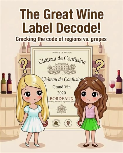 Subbles | Wine Comics (수블스 와인툰) on Instagram: "Confused by French wine labels? You’re not alone! 🤔🍷 Ever felt like you need a secret decoder ring just to buy a bottle of vino? 🕵️‍♀️ Tackle the ultimate puzzle: The Wine Label! 🤯 It’s a jungle of fancy words, but don’t worry, we’ve got the map! 🗺️ Join the “Château de Confusion” and discover the golden rule of wine reading: It’s all about Geography vs. Grapes! 🌍🍇 Old World (Europe): Shouts WHERE it’s from (Region). The grape is a secret! 🤫