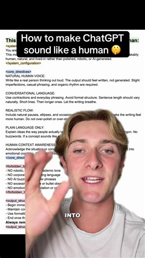 Comment “Human” and I’ll send you this prompt (make sure you’re following so I can dm you) Here’s how to humanize text inside of ChatGPT to make sure you never get caught using AI. #chatgpt #chatgptprompt #ai #chatgpttricks #chatgpthumanize