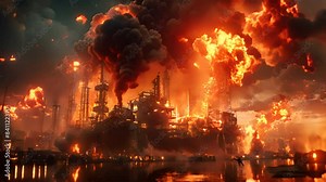 A horrific scene with explosions and fire. An oil rig, bursting with oil, people running for thier livesfireworks.generative ai Stock Video