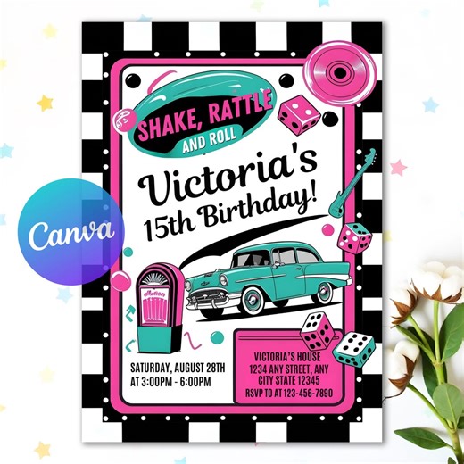 Retro Diner Birthday Invitation, 50's Party Invite, Fifties Birthday Invitation, Retro Birthday Party, Editable Canva Template - Etsy