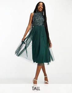 Maya Tall Bridesmaid high neck delicate sequin midi dress in emerald  | ASOS