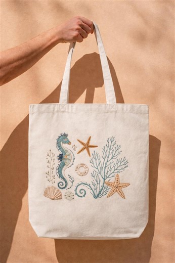 Seahorse Embroidery Design, Ocean Marine Embroidery Pattern, Starfish Coral Sea Life Design, Beach Summer Embroidery File, Coastal Tote Bag - Etsy