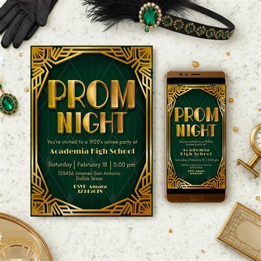 Prom Night - Roaring 1920s Gatsby Birthday Party Editable Digital Invitation Canva Template Set - Gold - Printable Invite - Instant Download - Etsy
