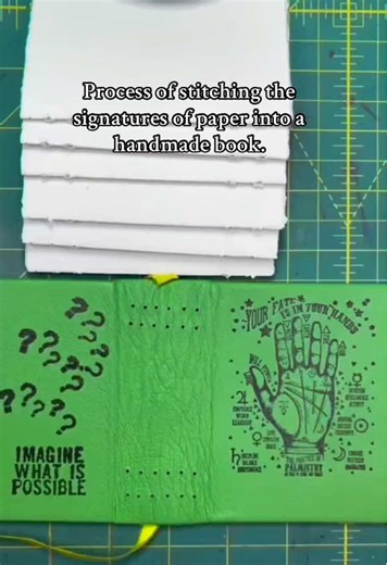 Process of stitching the signatures of paper into a handmade hardbound book. This book has an exposed binding. #bookbinding #stitching #bookmaker #handmadegifts #process