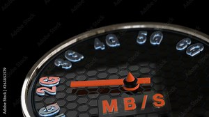 5G internet speed concept animation. Futuristic speedometer with the pointer that pass from the old 1G to the new 5G technology, concept of fast mobile network (3d render)