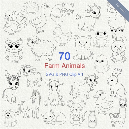 70 Farm Animals Outline Clip Art SVG PNG | Farm Animal Line Art Bundle, Cricut Cut Files, Engraving & Sublimation - Etsy