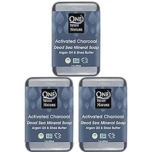 One With Nature Activated Charcoal Soap 7oz 3-Pack – Detoxifying and Exfoliating Charcoal Soap Bar with Dead Sea Salt for Face & Body, for Men & Women