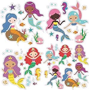 Mermaid Wall Decals Girls Bedroom and Bathroom Decor, 50 Peel and Stick Multicultural Mermaid Stickers for Girls, Includes 4 Sheets 11x11 inches Each Fun Reusable Decals