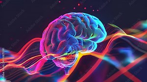Digital illustration of human brain with vibrant neural pathways for technology, science, and artificial intelligence concepts