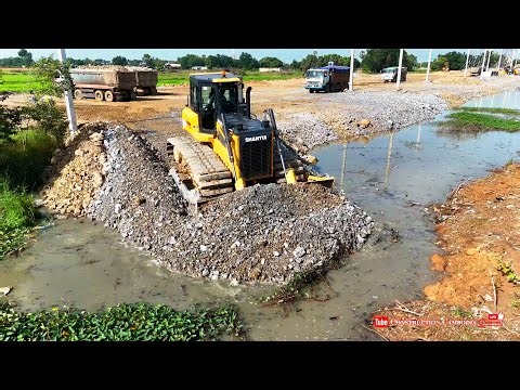 Wow! Flooded Land Deleting, Nice Skill Operation, Shantui DH17c3 Dozer Pushing Stone And Dump Trucks