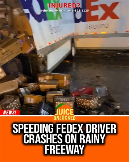JUICE UNLOCKED on Instagram: "Is the FedEx driver at fault? The driver was seen traveling at a higher speed on a rain-soaked freeway before crashing and flipping the truck on Christmas Day, sending packages across multiple lanes. With weather, speed, and responsibility all in question, what do you think happened here? If you or someone you know was injured in a crash, @the_injury_firm | 949-828-2125."