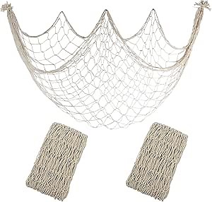 2 Pack Fish Net Decorations - 80x40 Inch Beige Fishing Net Decor for Under The Sea Hawaiian Beach Themed Party, 3mm Natural Cotton Versatile Nautical Netting for Wall Table Ceiling Halloween Decor
