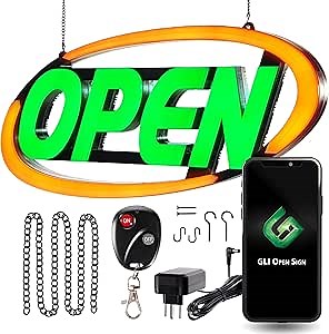 GLI Led Open Sign for Business – Stand Out with 64 Super-Bright Color Combos to Match Your Brand, Programmable App – Neon Flash, or Scroll – 15 x 32 inch
