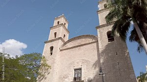 Merida, Yucatan, Mexico - 03 22 2019: Turning view of Cathedral of Hidalgo in Merida, Mexico.