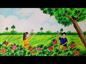 How to draw spring season scenery .Step by step.