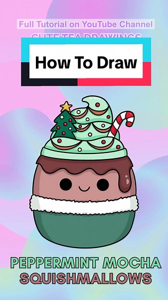 How to draw Squishmallow - Peppermint Mocha. Full tutorial on my YouTube channel. #squishmallows #squishmallowsquad #peppermintmocha #howtodraw #drawingtutorial #cuteteadrawings