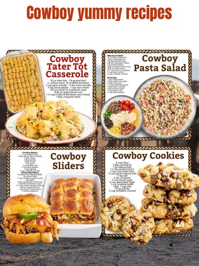 🤠✨ Cowboy Yummy Recipes! Bold, hearty, and downright delicious — these cowboy-style dishes bring the wild west flavors straight to your kitchen! Saddle up, partner, because these are real crowd-pleasers! 🐴🔥 1️⃣ Cowboy Tater Tot Casserole Ingredients: 1 lb ground beef 1 small onion, diced 1 can (10.5 oz) cream of mushroom soup 1 cup sour cream 2 cups shredded cheddar cheese 1 bag (32 oz) frozen tater tots Salt, pepper, and garlic powder to taste Instructions: 1️⃣ Preheat oven to 375°F (190°C).