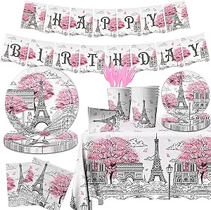 Paris Themed Party Decorations - 142PCS Eiffel Tableware Set Include Plates, Napkins, Cups, Tablecloth for Paris Birthday Party Supplies