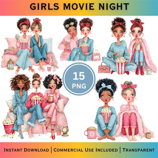 Girls Movie Night Clipart PNG | Cozy Friends Sleepover Illustrations for POD Stickers Planners - Etsy