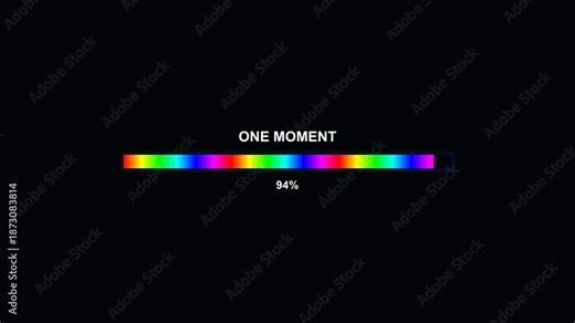 Sleek animated loading bar with rainbow colors and text indicating process complete and waiting one moment