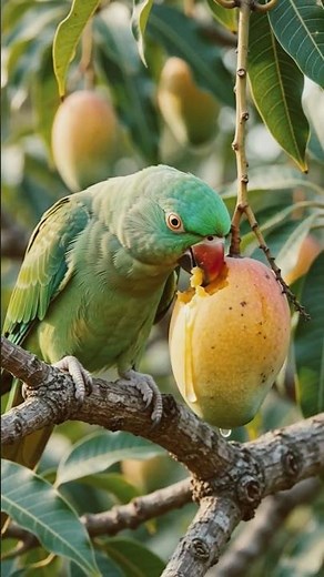 🦜 Green Parakeet Enjoying a Sweet Mango 🥭