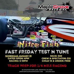 EVENT PREVIEW: This weekend we kick off with a Nitro Fish Fast Friday Night Test N Tune. FRIDAY NIGHT WILL BE PREPPED FOR 1/4 MILE RACING, however, racers can run 1/8 mile. Friday is the perfect opportunity to race your friend, test your car or just watch the King of the Street racers under the lights. Friday~ Nitro Fish Fast Friday Test N Tune Race $50, Crew or Spectate $15 Saturday & Sunday- Pure Speed Drag Racing Experience | Maple Grove Raceway