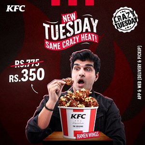 Turn up the heat this Crazy Tuesday! Get your hands on our fiery Ramen Wings bucket for just Rs. 350 – the boldest bite you’ll have all week. Available on App & Web Only (Delivery & Pickup) #KFC #FingerLickinGood #CrazyTuesday #RamenWings | KFC