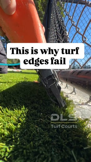DLS Turf Courts on Instagram: "Most people focus on the turf Professionals focus on the edge This is how we staple artificial grass to composite board edging for sport courts so it stays tight, clean, and secure for years. Before turf ever touches the ground, we start with precision. We chalk line and saw cut the asphalt or concrete for perfectly straight lines. Composite poly board edging is installed around the full perimeter. The artificial grass is then stapled into the composite board every