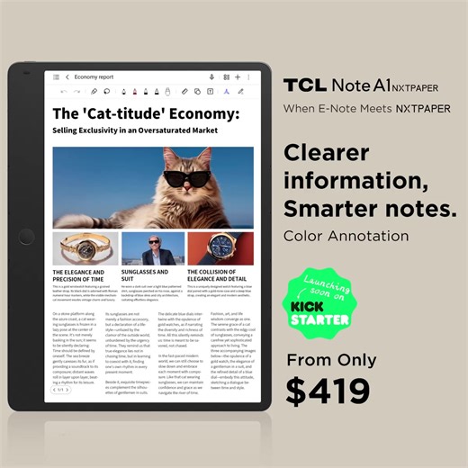TCL Note A1 NXTPAPER — Where eNote meets NXTPAPER for a lag-free, ghost-free, true paper reading and writing experience. Full-color display combined with the AI Toolbox delivers a smooth, efficient workflow for focus and immersion. ✅Crystal Shield Glass - AG / AF / AR Coating ✅AI Toolbox ✅T-Pen Pro - Instant Response, Zero Ghosting ✅True Tone Display - 16.7 million colors ✅Octa Microphones Array | TCL Mobile