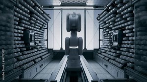 Time-Lapse of Working High Precision Robot Arm Inside Automated Enterprise Data Management and Storage Solution. Futuristic Storage and Handling Room with Robotic Arm at High-Tech Factory. Stock Video