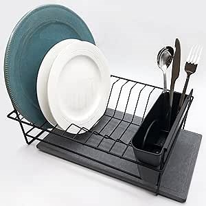 eormoe Dish Drying Rack with Stone Drainboard - Diatomite Dish Drainers for Kitchen Counter, Small Dish Drying Racks with Diatomaceous Earth Tray (Black)