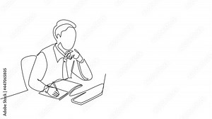 Animation of one line drawing of pensive businessman sitting, watching computer screen to analyze data company. Business analysis writing concept continuous line self draw animated. Full length motion