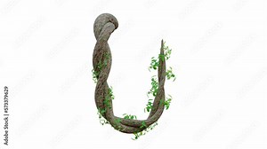 Tree grow or vine in the shape of the English text. Letter font U. Alpha Channel, cg animation, 3D Render.