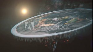 Flat Earth in cosmos. Close-up of fast rotating flat Earth in space. A Flat Earth model with Antarctica as an ice wall surrounding a disc-shaped planet. Modern flat Earth animation in universe. 3D