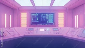 Futuristic spaceship control room console with glowing screens