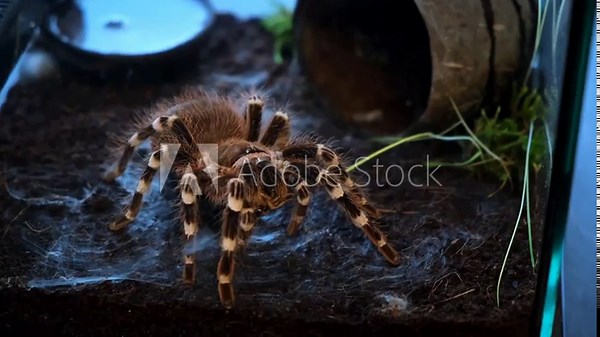 A spider injects venom into a madagascar cockroach in a terrarium close-up. Acanthoscurria geniculata. Phobia concept. Toxic poison. Brazilian large size tropical animals. Blaptica dubia. 4k footage