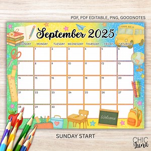 Editable September 2025 Calendar Printable, Back to School Theme, PDF & Goodnotes, Sunday Start, Letter Horizontal, Instant Download - Etsy