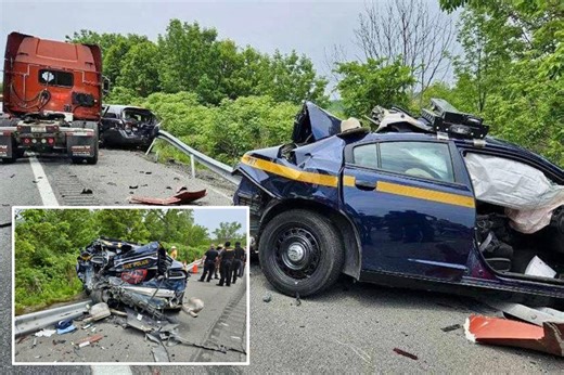 Semi-truck plows into patrol car, sending New York state trooper flying over guardrail