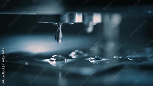 Liquid droplets forming on a non wetting surface, reflecting light and creating a detailed texture in a scientific laboratory setting, highlighting precision and technology
