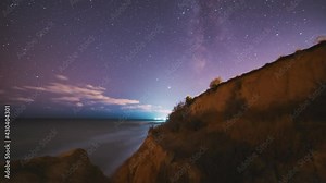 Time lapse of Milky Way Galaxy moving in night sky full of stars behind seacoast rocks