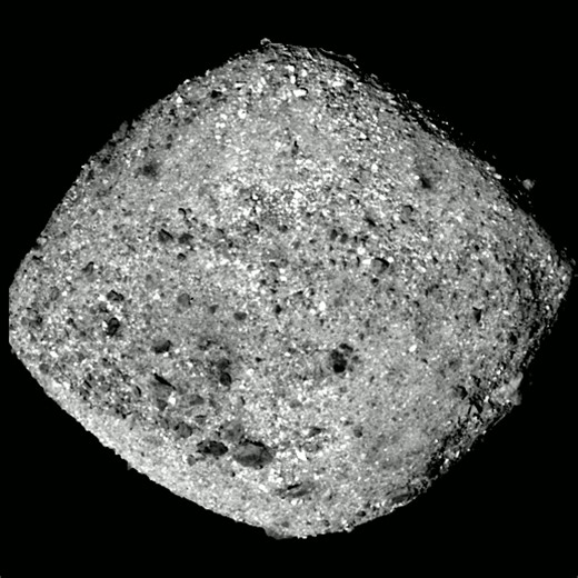 • Asteroid Bennu Full Rotation • • This series of images taken by the OSIRIS-REx spacecraft shows asteroid Bennu in one full rotation from about 50 miles (80 km). The spacecraft’s PolyCam camera obtained the thirty-six 2.2-millisecond frames over a period of four hours and 18 minutes. •• Credit: NASA's Goddard Space Flight Center/University Of Arizona | Astronomy Nation