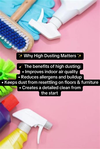 ✨ Why High Dusting Matters ✨ Out of sight doesn’t mean out of mind—especially when it comes to dust. High areas like ceiling fans, vents, light fixtures, door frames, and shelves collect dust that eventually falls back onto your freshly cleaned surfaces. 🧹 The benefits of high dusting: • Improves indoor air quality • Reduces allergens and buildup • Keeps dust from resettling on floors & furniture • Creates a truly deep, detailed clean Skipping high dusting means dust keeps circulating throughou