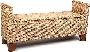 Wicker 46" Storage Bench Large Coastal Natural Banana Fiber Rattan Seagrass Ottoman with Lid and Arms for Entryway, Bedroom, End of Bed, Shoes, Mudroom and Living Room